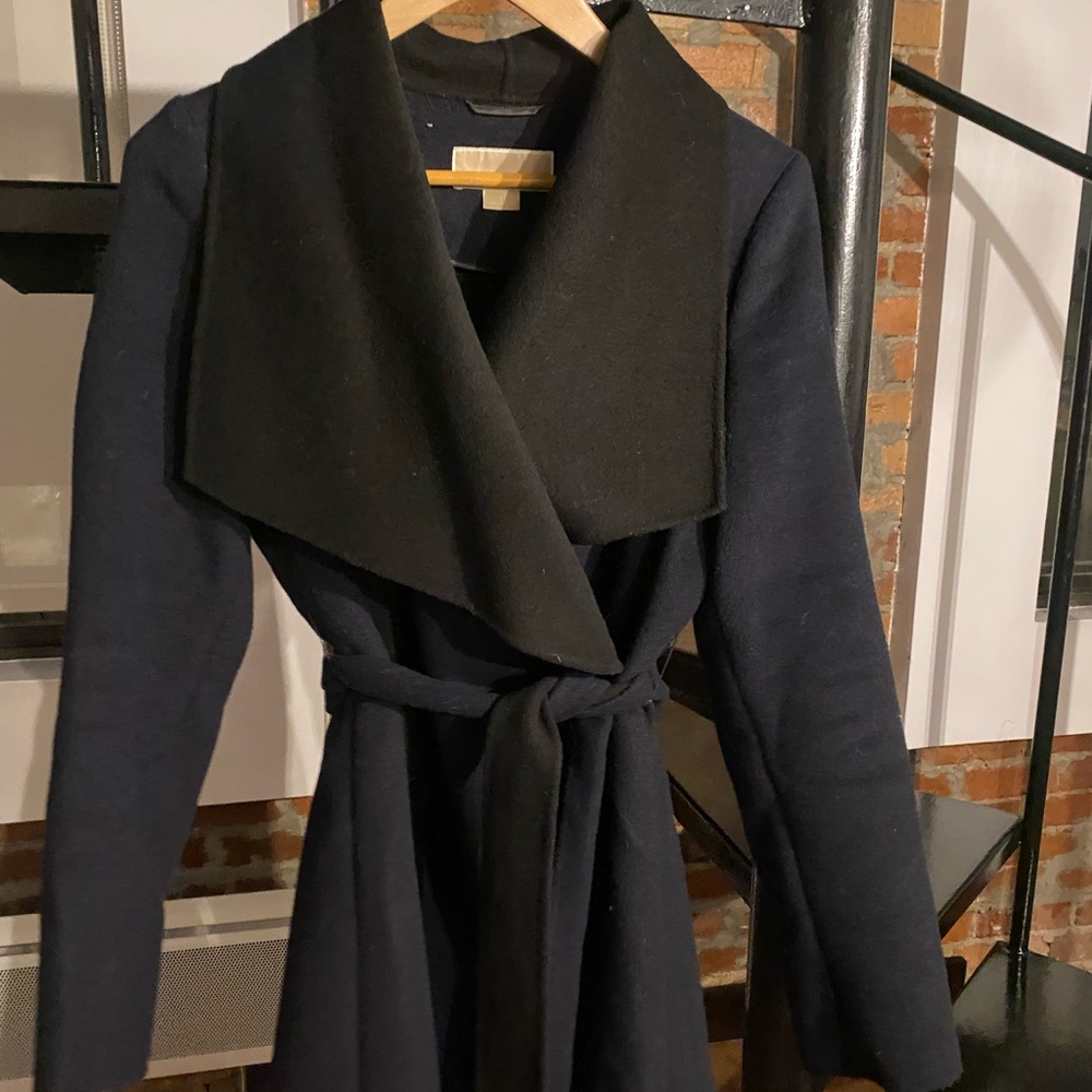 Black and Navy wool Wrap Coat